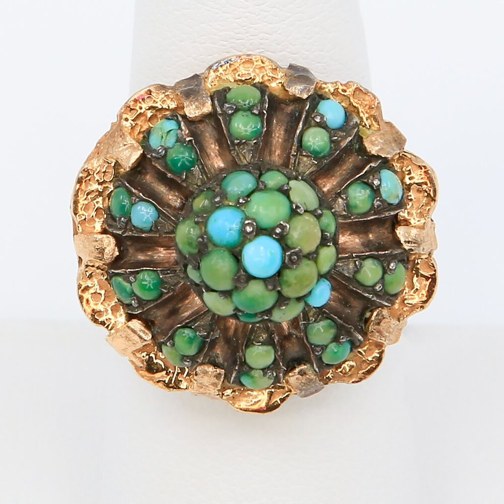 Vintage Large MCM Sculptured 10K Gold & Sterling Silver Turquoise Cabochons Ring